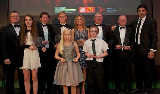 Chris Coleman with the award winners at the Welsh Community Football Awards